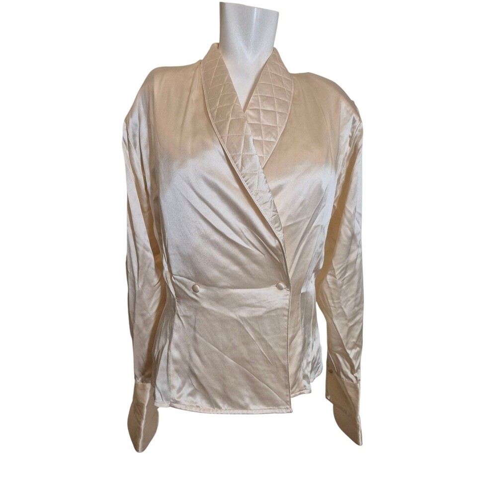 Eileen Fisher VTG 90s Silk Blouse Satin Wrap French Cuff Blouse Ivory Sz 6/8